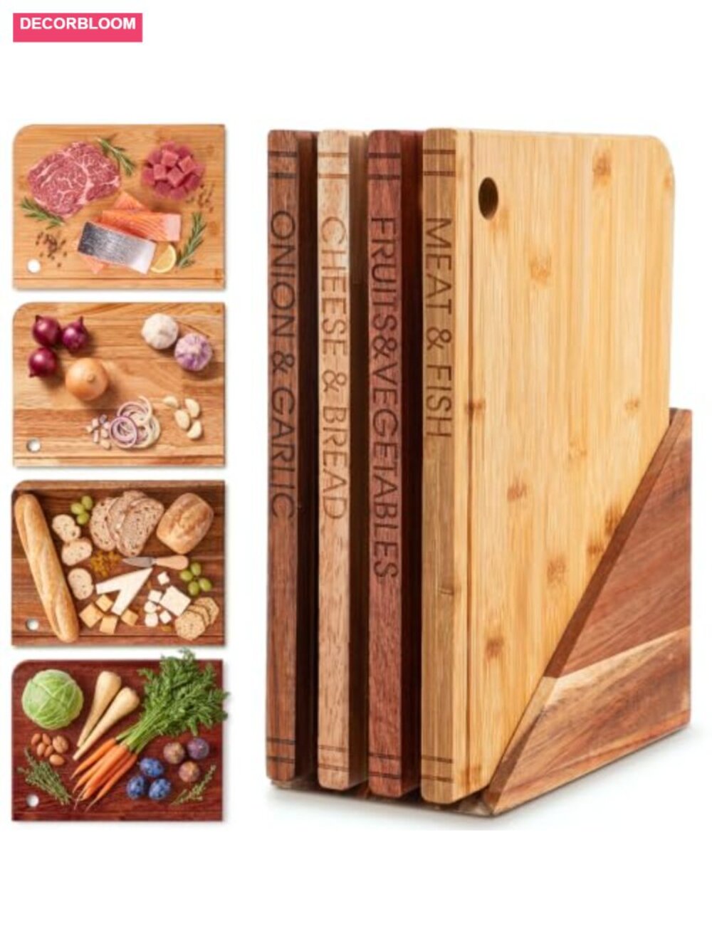 Acacia Wood Book Cutting Board Set with Stand 4 Piece Kitchen Decor Gift
